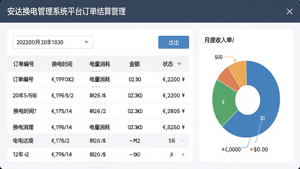 安达换电管理系统平台订单结算管理界面,画面展示一张数据表格,包含订单编号、换电时间、电量消耗、金额与状态列,表格上方有日期筛选器与导出按钮,右侧为月度收入饼状图,布局为典型的后台管理页面,风格简洁商务,细节包含清晰的数字与货币符号,画质干净整洁,无多余元素