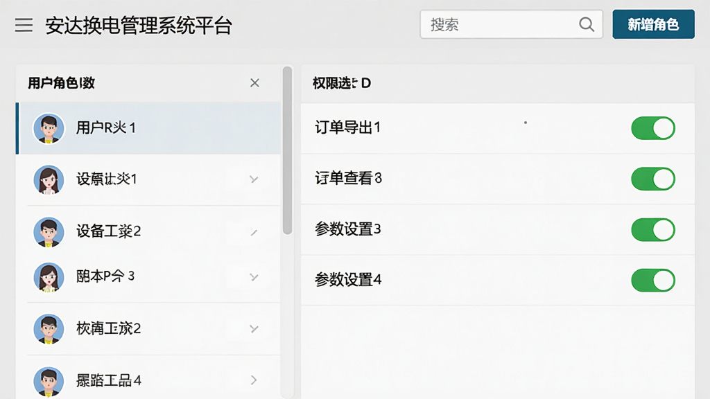 安达换电管理系统平台用户权限管理界面,画面左侧为用户角色列表,右侧为权限勾选面板,包含设备查看、订单导出、参数设置等选项,顶部有搜索框与新增角色按钮,布局为左右分栏结构,风格为清爽的办公软件界面,细节包含头像图标与权限开关状态,画质清晰干净,无多余元素
