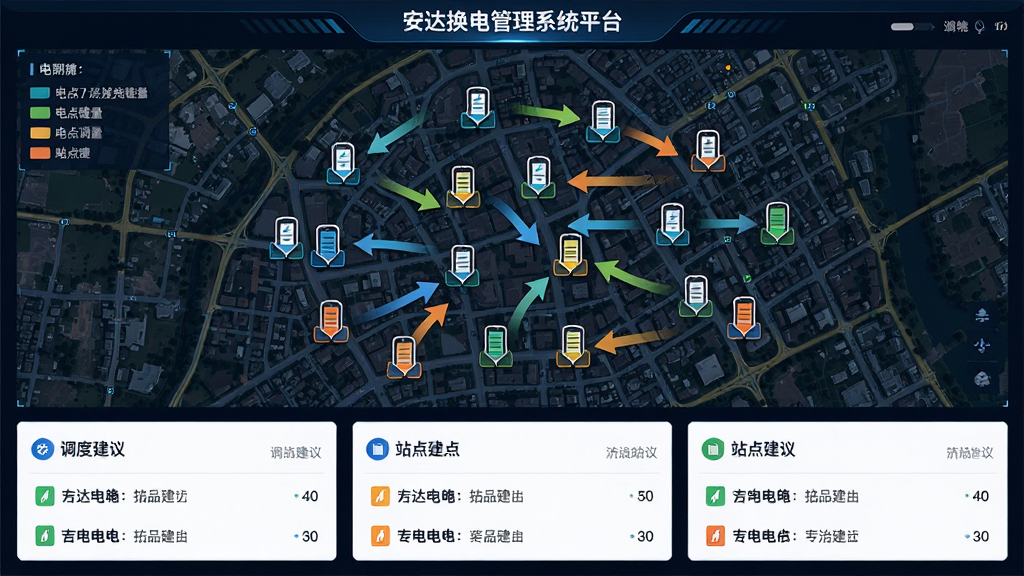 安达换电管理系统平台智能电池调度功能展示,画面中央为城市地图俯视图,地图上分布多个换电站点图标,不同颜色表示电池余量高低,有动态箭头指示电池调度方向,地图下方为调度建议列表卡片,布局采用横向宽幅构图,风格为数据可视化仪表盘,细节包含图例说明与站点编号,画质清晰锐利,无多余元素