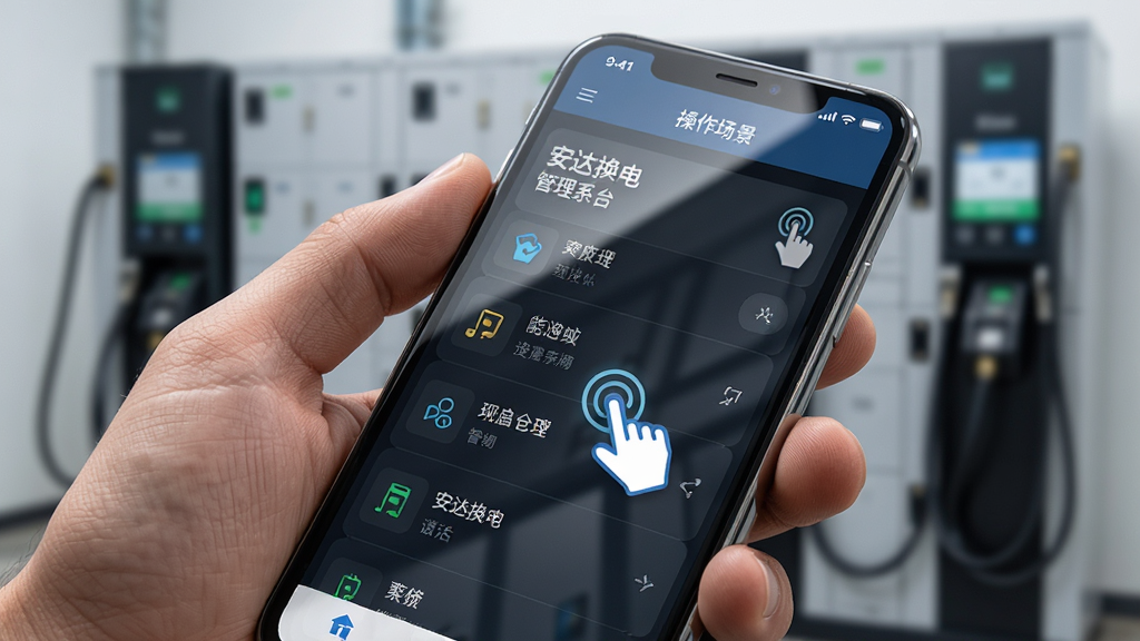 安达换电管理系统平台移动端操作场景,画面展示一只手握持智能手机,屏幕显示换电站监控列表,背景为模糊的换电柜实景,手机屏幕有清晰的点击手势图标,布局为特写视角,风格为写实产品摄影,细节包含屏幕反光与手指纹理,画质高清干净,无多余元素
