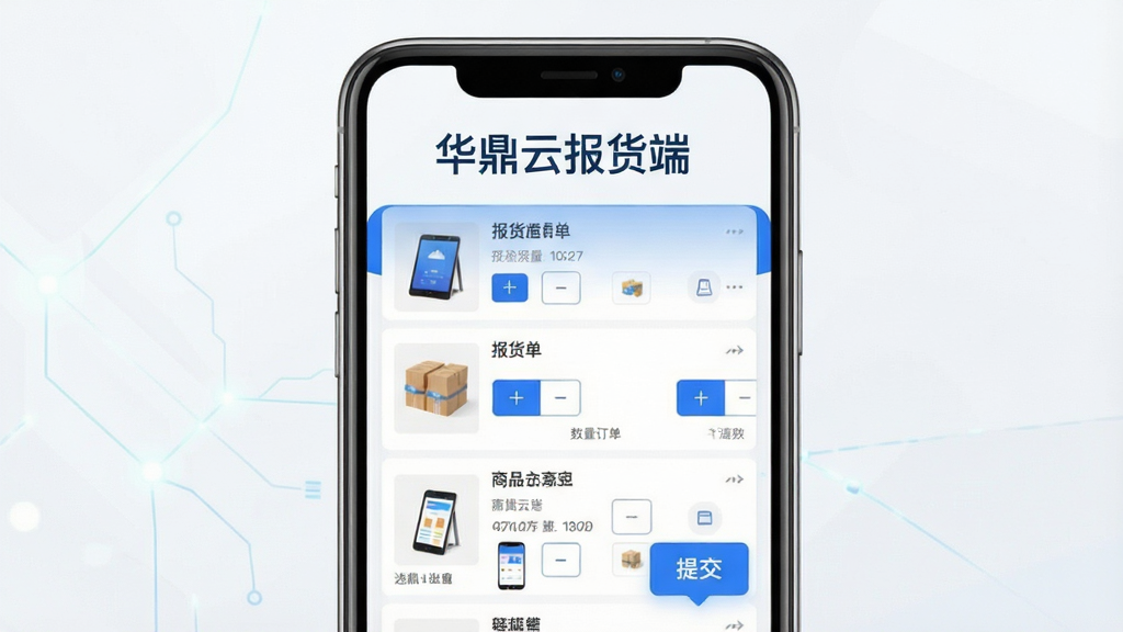主体为一部智能手机展示华鼎云报货端应用界面,布局采用居中构图,手机屏幕内呈现商品列表与报货单页面;排版简洁,上方留白放置软件名称文字“华鼎云报货端”;风格为现代扁平化科技风,配色以蓝白为主;细节包括商品缩略图、数量选择按钮、提交订单浮标,画质高清,干净,无多余元素