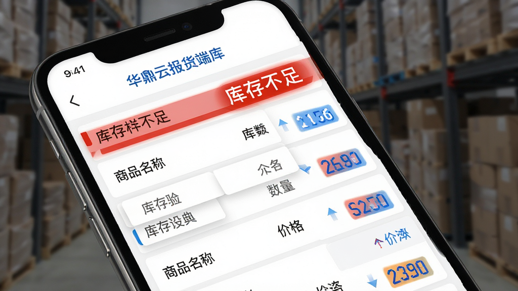 主体为手机屏幕展示华鼎云报货端库存查询页面;布局为列表式,每行显示商品名称、库存数量、价格标签;排版左对齐,数字高亮;风格商务简洁,白色背景配蓝色强调色;细节包含库存不足的红色提示条、价格变动箭头标识,画质高清,干净,无多余元素