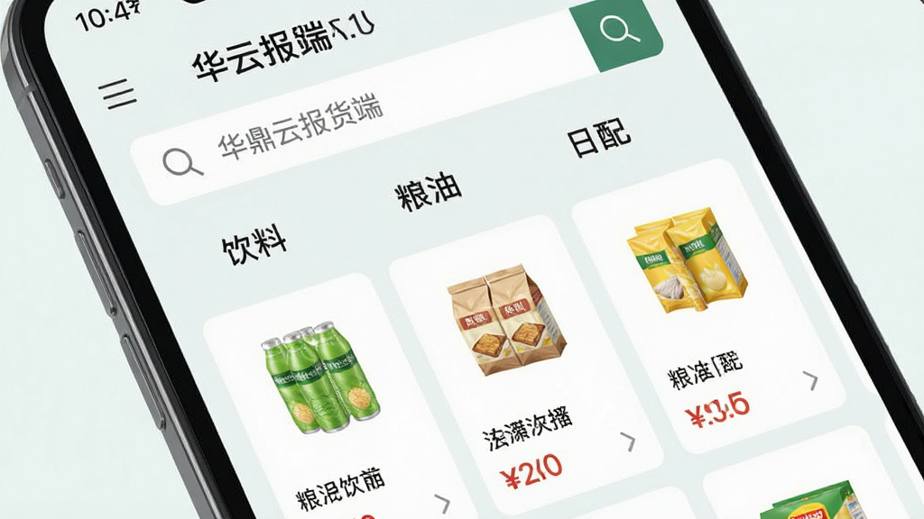 主体为手机屏幕特写,展示华鼎云报货端商品搜索界面;布局为上下结构,上方搜索框,下方分类标签与商品卡片列表;排版整齐,卡片式设计;风格清新简约,浅色背景;细节包含放大镜图标、分类标签“饮料”“粮油”“日配”,商品名称与价格清晰可见,画质清晰,干净,无多余元素