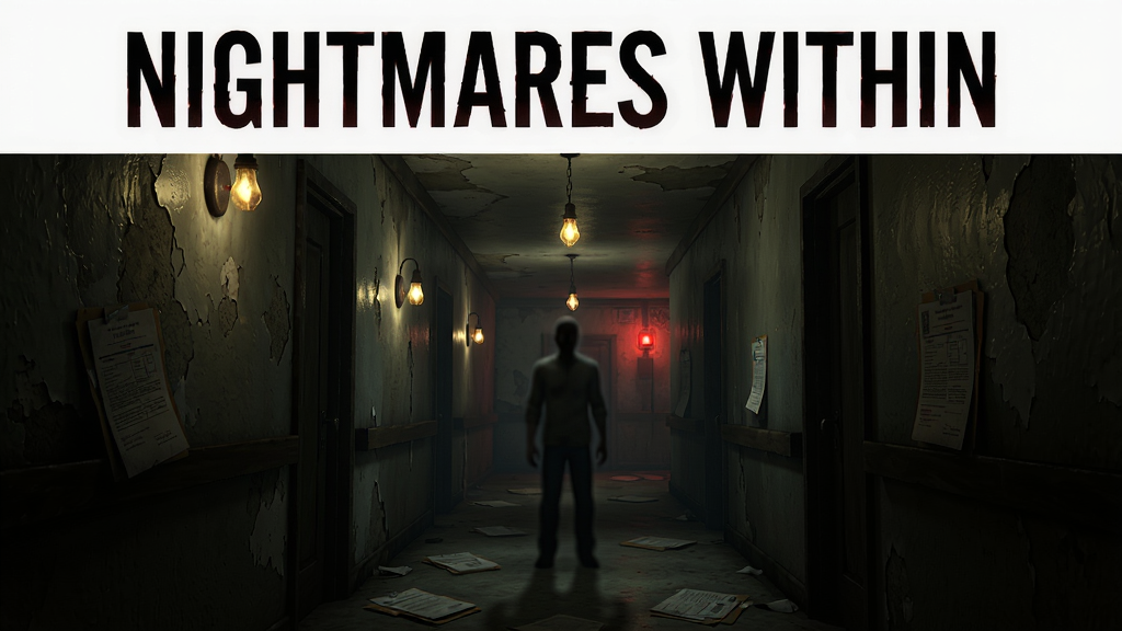 Nightmares Within游戏主视觉图,主体为一个昏暗走廊尽头站立着模糊人影,布局采用居中构图,排版上方留出空间放置游戏标题文字,风格为心理恐怖写实风,细节包括斑驳墙面、闪烁的吊灯、地面散落的病历纸、远处微弱的红色应急灯光,画质高清、干净、无多余元素