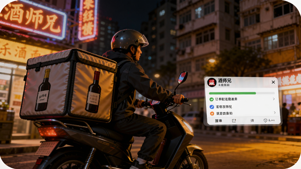 夜晚城市街道场景,一位骑手背着带有酒瓶图案的保温箱骑行,背景有霓虹灯和居民楼,画面右侧悬浮展示酒师兄应用中的订单配送进度条,整体色调偏暖,风格写实插画,细节丰富,画质清晰,无多余元素