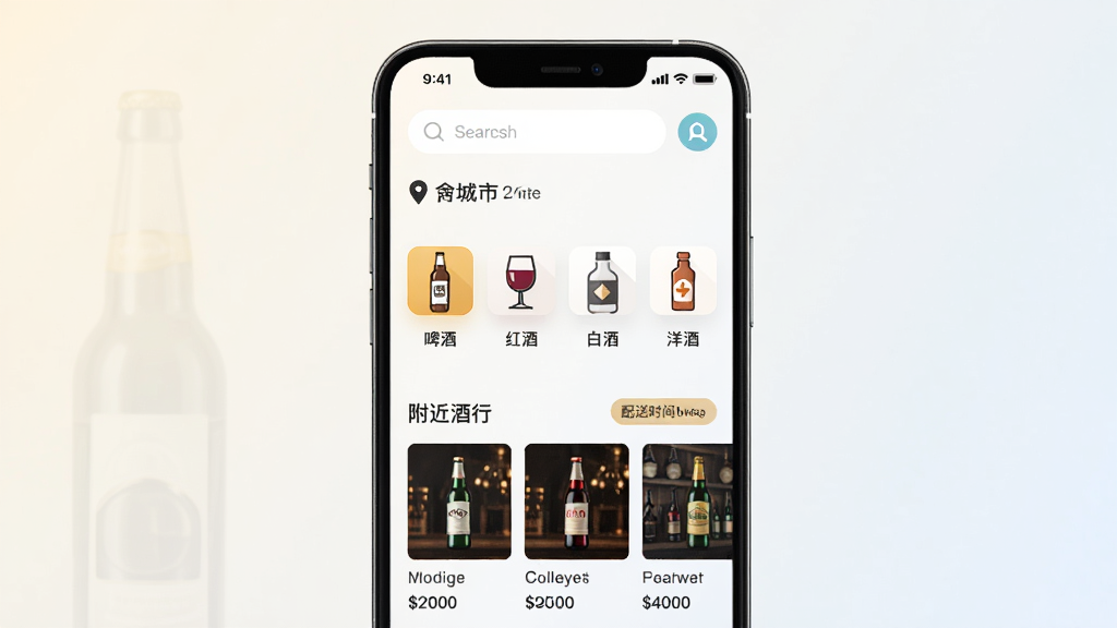 手机屏幕居中展示酒师兄应用主界面,上方有搜索框和定位城市,中部排列啤酒、红酒、白酒、洋酒等分类图标,下方是附近酒行商品列表和配送时间标签,背景为浅色渐变,整体风格干净现代,布局清晰,扁平化设计,细节精致,画质高清,无多余元素