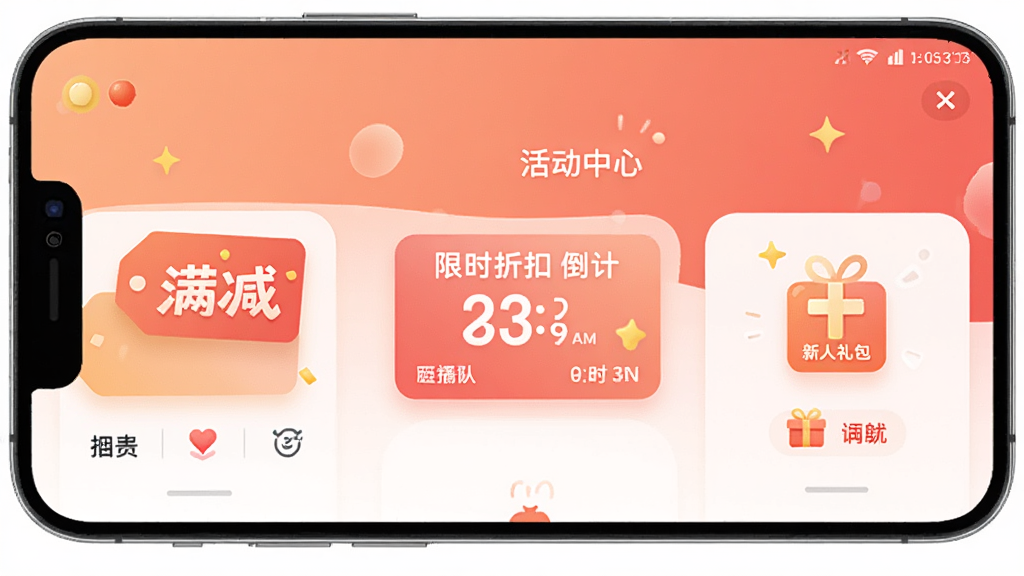 手机屏幕展示酒师兄应用的活动中心页面,页面中有满减标签、限时折扣倒计时和新人礼包图标,背景为柔和的橙红色渐变,布局整齐,风格活泼,细节清晰,画质高清,无多余元素