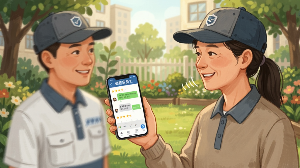 一张展示物业员工与业主在小区花园中友好交流的场景图,员工手持手机展示“劲管家员工”界面,业主微笑点头,构图采用三分法布局,风格为温暖写实插画,细节包括手机屏幕上的对话气泡与评价星级,画质细腻,干净无多余元素
