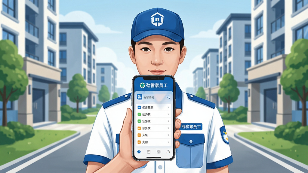 一张展示现代社区物业员工使用智能手机办公的场景图,画面中央是一位身穿制服的物业人员,手持手机屏幕显示任务列表界面,背景是整洁的小区环境与楼宇,构图采用中心对称布局,风格为写实商务插画,细节包括手机界面上的图标与文字“劲管家员工”,画质清晰明亮,干净无多余元素,整体色调以蓝白为主