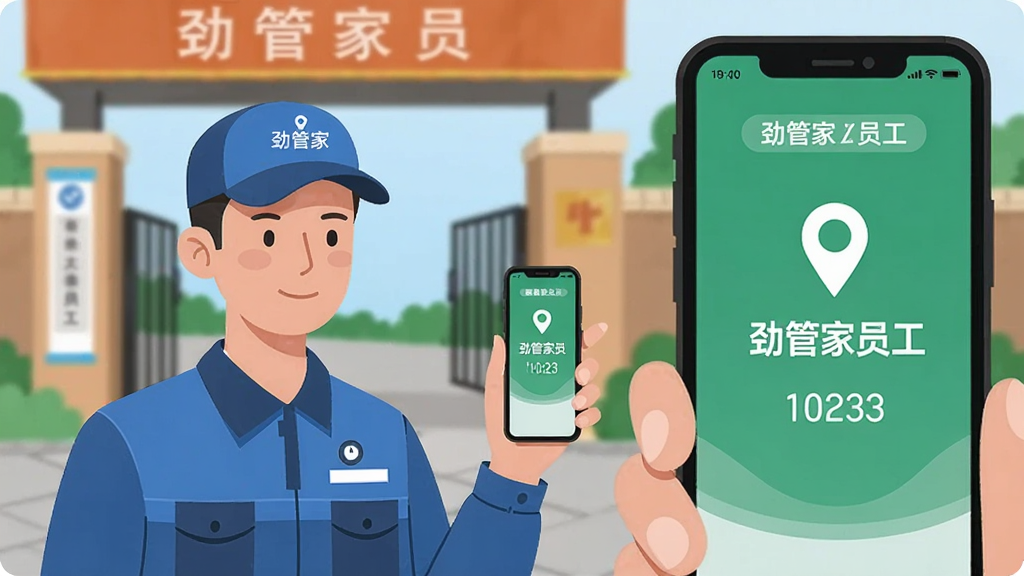 一幅描绘物业员工在小区门口使用手机进行考勤打卡的画面,主体为一位穿着工作服的男士,手机屏幕显示打卡成功界面与“劲管家员工”字样,布局为左侧人物右侧手机特写,风格为扁平化矢量插画,细节包括定位图标与时间显示,画质干净清晰,无杂乱背景
