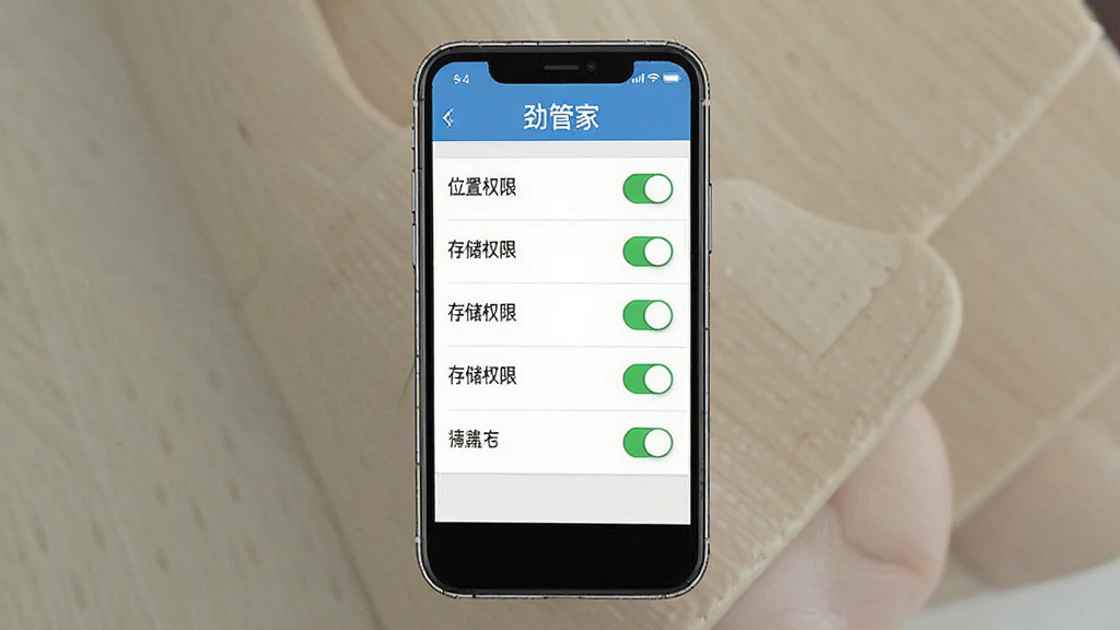 一张手机屏幕截图风格的示意图,展示劲管家员工应用的权限设置页面,主体为手机界面与权限开关列表,布局为垂直排列,风格为简洁UI设计,细节包括“位置权限”“存储权限”等文字与开关图标,画质清晰,干净无多余元素
