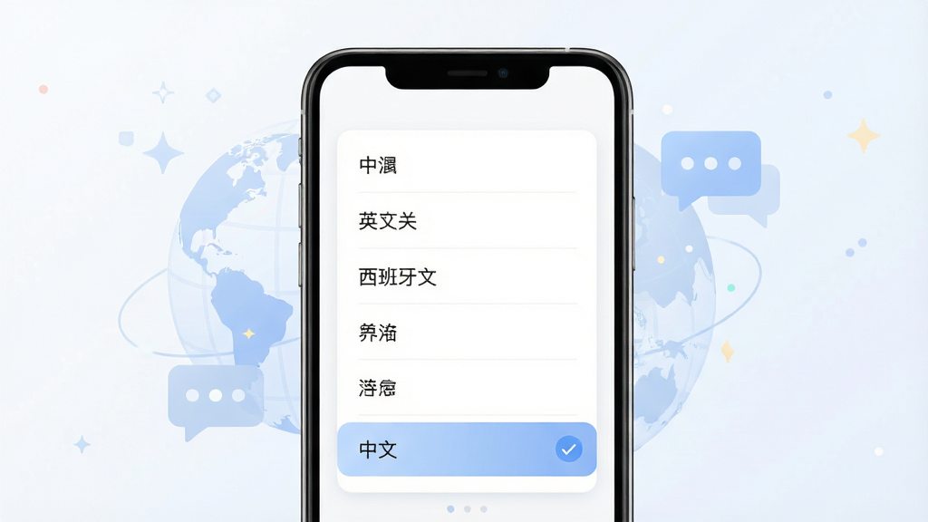 滴滴国际版多语言设置界面展示图,画面中一部手机屏幕显示语言选择列表,中文、英文、西班牙文等选项纵向排列,当前选中“中文”并带有勾选标记,界面风格简洁,背景为白色卡片式布局,周围有淡淡的地球和对话气泡装饰元素,整体色调柔和,干净清爽,高清画质