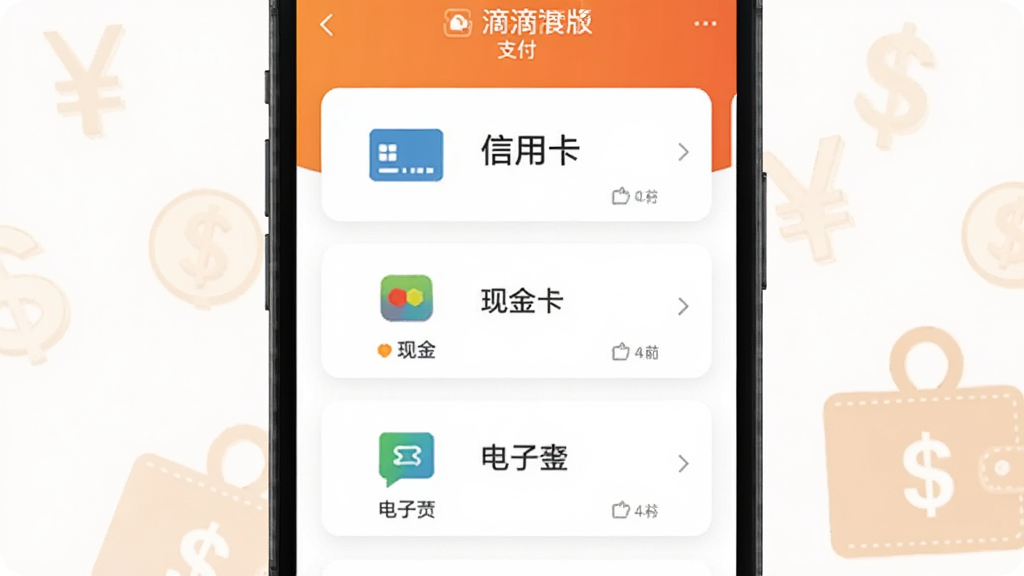 滴滴国际版支付方式选择界面图,手机屏幕显示支付选项列表,包括信用卡、现金、电子钱包等图标,界面采用卡片式设计,配色以白色和橙色为主,背景有淡淡的货币符号和钱包装饰元素,整体干净整洁,高清画质
