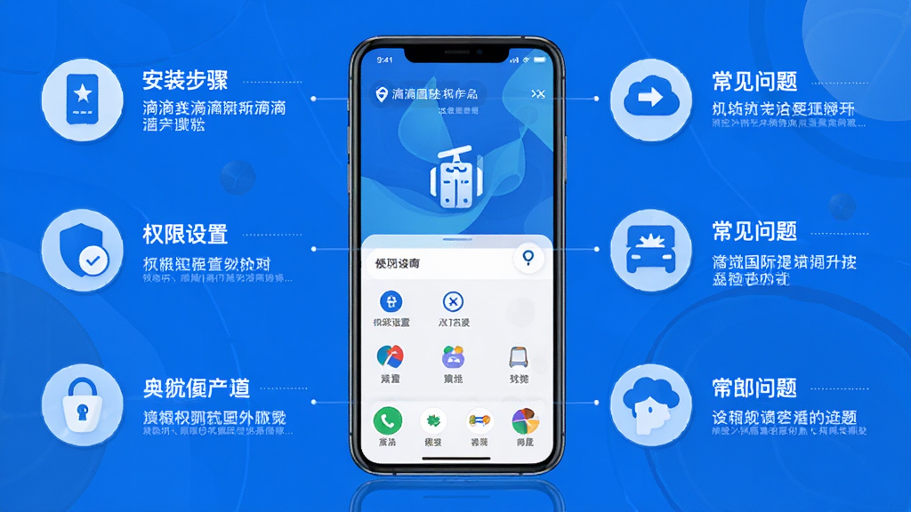 滴滴国际版使用指南信息图,画面以手机屏幕为中心,周围环绕着安装步骤、权限设置、常见问题等图标和文字说明,采用蓝白配色,布局清晰,风格简洁现代,细节丰富,高清画质,干净无多余元素