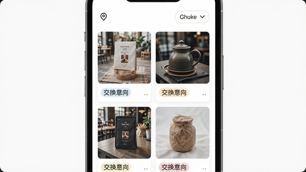 换享易货信息流界面,主体为手机屏幕展示瀑布流商品列表,布局为两列卡片式排版,每张卡片包含商品图片与交换意向标签,风格为清新简约移动端设计,细节上屏幕顶部有定位图标与筛选按钮,画质高清,干净,无多余元素