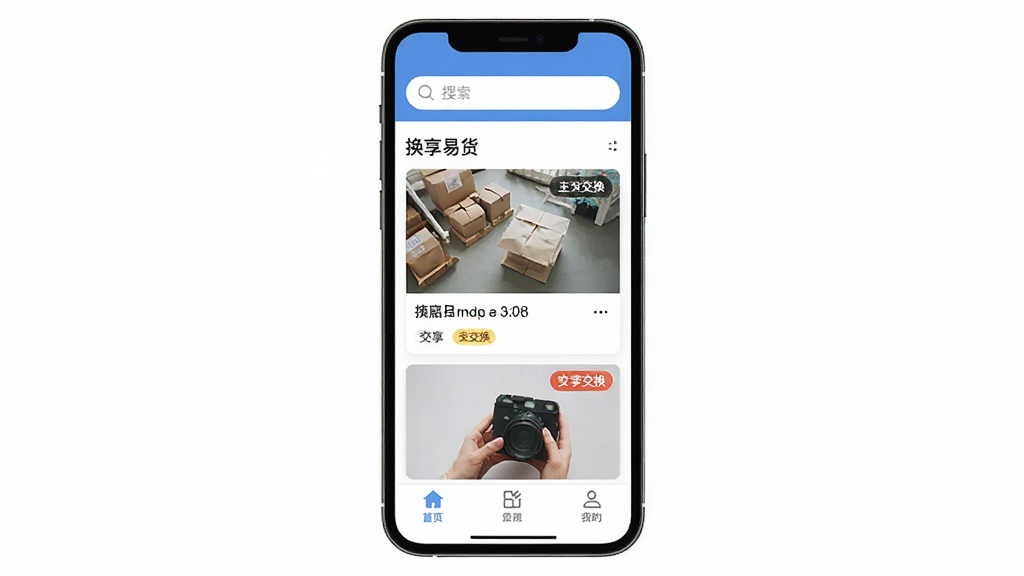 换享易货软件主界面展示,主体为一部竖屏智能手机,屏幕中呈现换享易货应用首页,布局包含顶部搜索栏、中部商品瀑布流卡片、底部导航栏,排版清晰有序,风格为现代扁平化移动端UI设计,细节上商品卡片带有缩略图与交换标签,画质高清,干净,无多余元素