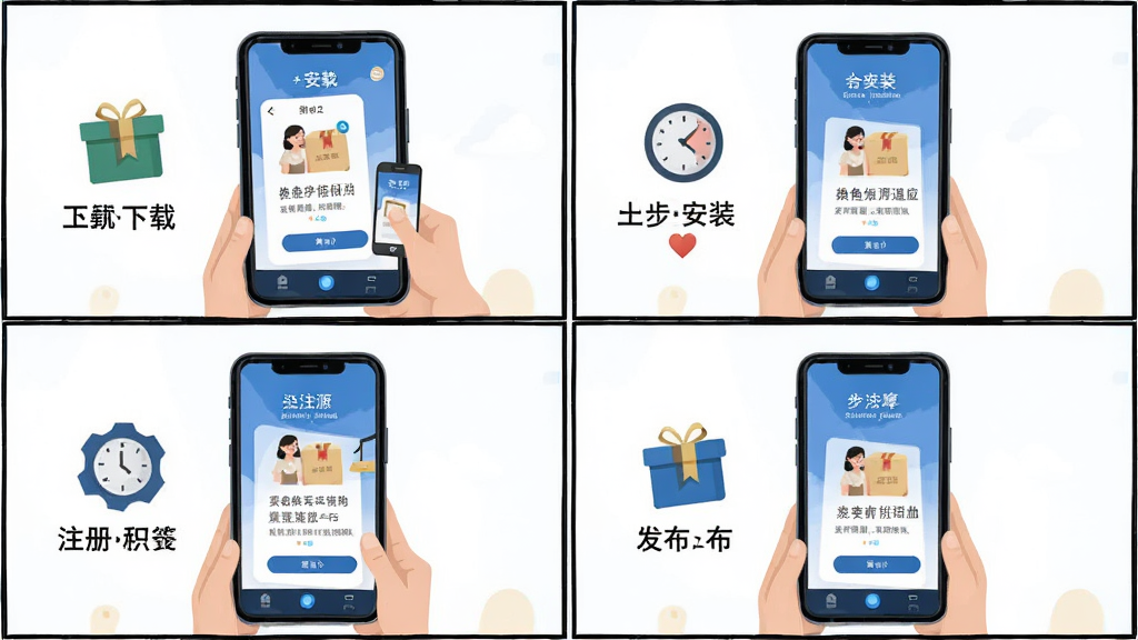 换享易货新手操作指引图,主体为手机屏幕展示分步操作示意图,布局为四格漫画式排列,分别展示下载、安装、注册、发布四个步骤,风格为扁平化插画风,细节上每格配有简洁图标与短句说明,画质高清,干净,无多余元素