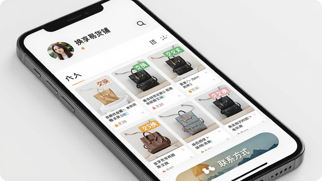 换享易货店铺页面,主体为手机屏幕展示个人店铺主页,布局包含顶部店铺头像与名称、中部商品网格、底部联系方式按钮,风格为精致电商移动端设计,细节上商品图片排列整齐并带有交换标签,画质高清,干净,无多余元素