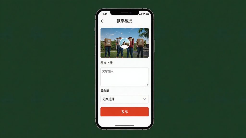 换享易货发布页面,主体为手机屏幕显示发布表单,布局从上到下依次为图片上传区、文字输入框、分类选择器与发布按钮,风格为简洁商务移动端界面,细节上按钮为醒目的橙红色,画质高清,干净,无多余元素