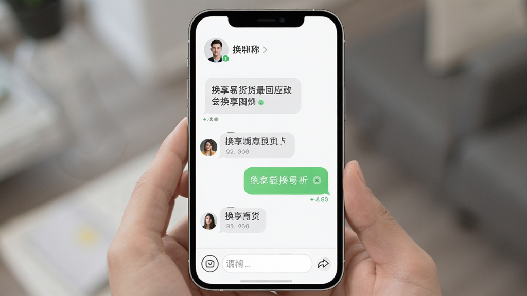 换享易货聊天界面,主体为手机屏幕展示对话窗口,布局为顶部对方头像与昵称、中部气泡消息、底部输入框,风格为现代社交应用UI,细节上消息气泡有左右区分并带有已读标记,画质高清,干净,无多余元素