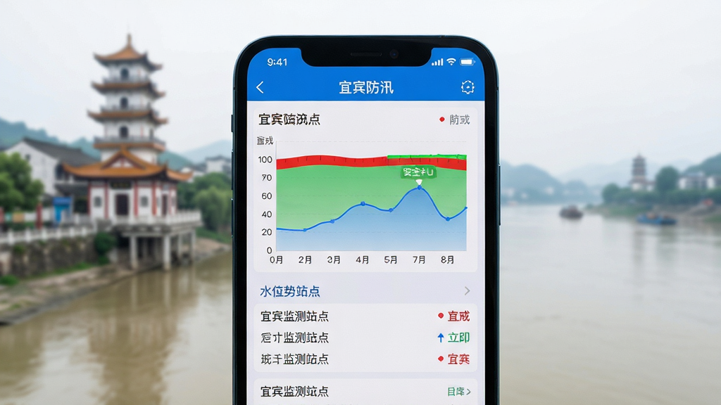宜宾防汛实时监测功能特写,画面中心为一部智能手机,屏幕上显示“宜宾防汛”应用内的水位趋势折线图与多个监测站点列表,背景为模糊的宜宾合江门地标与江面,主体清晰,布局为居中特写,排版信息层级分明,风格为现代扁平化UI风格,细节包含红色警戒线、绿色安全区间、蓝色水位曲线,画质清晰,干净,无多余元素