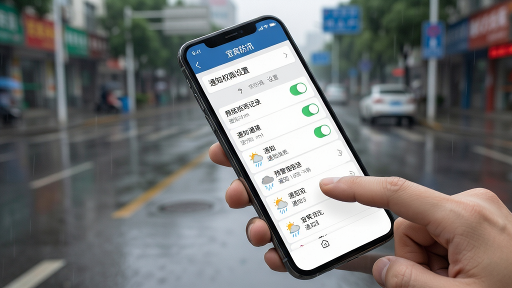 宜宾防汛移动端操作界面截图展示,画面为一部手持智能手机,屏幕显示“宜宾防汛”应用的通知权限设置页面与预警推送记录,背景为模糊的雨天街道场景,主体为手机与手指点击动作,布局为斜向展示,排版突出设置选项,风格为写实生活风,细节包含权限开关、通知列表、天气图标,画质高清,干净,无多余元素