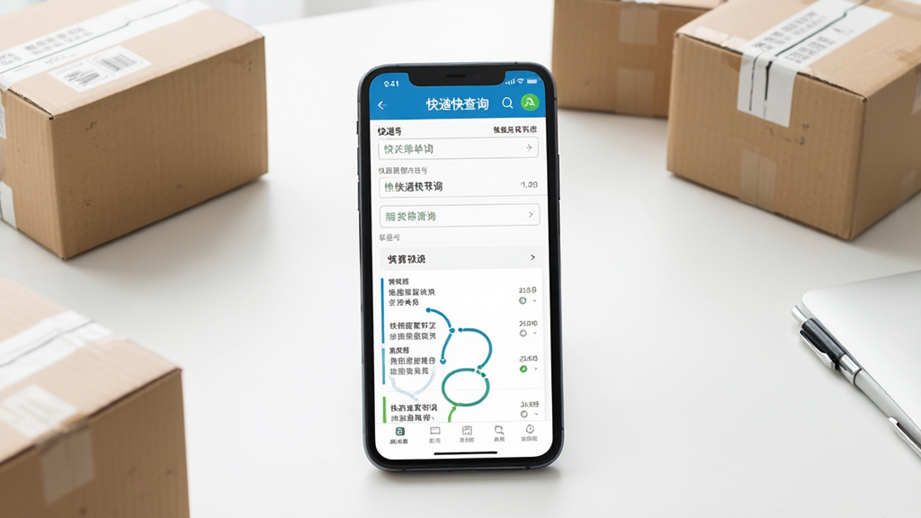 一张展示快递快查询软件主界面的场景图,画面中央是一部智能手机,手机屏幕上显示快递快查询应用界面,界面中包含多个快递单号输入框和物流轨迹列表,背景是整洁的桌面环境,旁边散落几个快递纸箱,整体风格清新明亮,细节清晰,画质干净,无多余元素