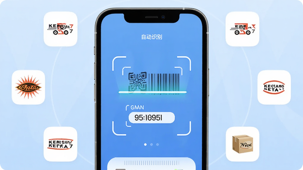 快递快查询应用界面中展示多个快递公司图标环绕一个智能识别扫描框,手机屏幕显示自动识别单号的动画效果,背景为浅蓝色渐变,风格科技简洁,细节清晰,画质干净,无多余元素