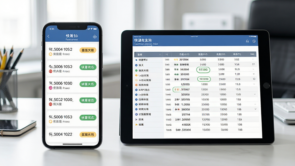 快递快查询批量查询功能展示图,画面中手机屏幕显示多个快递单号列表和对应的物流状态标签,旁边有平板电脑同步展示汇总表格,背景为办公桌面,风格商务简洁,细节清晰,画质干净,无多余元素