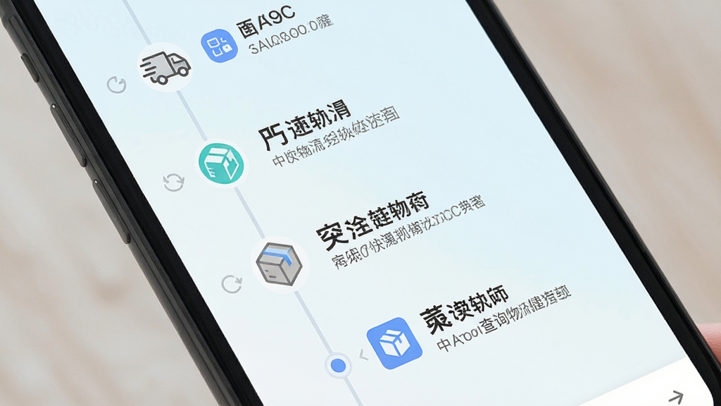 快递快查询物流轨迹时间轴界面,手机屏幕显示垂直时间轴,每个节点带有图标和文字描述,背景为柔和浅色,风格清新简约,细节清晰,画质干净,无多余元素