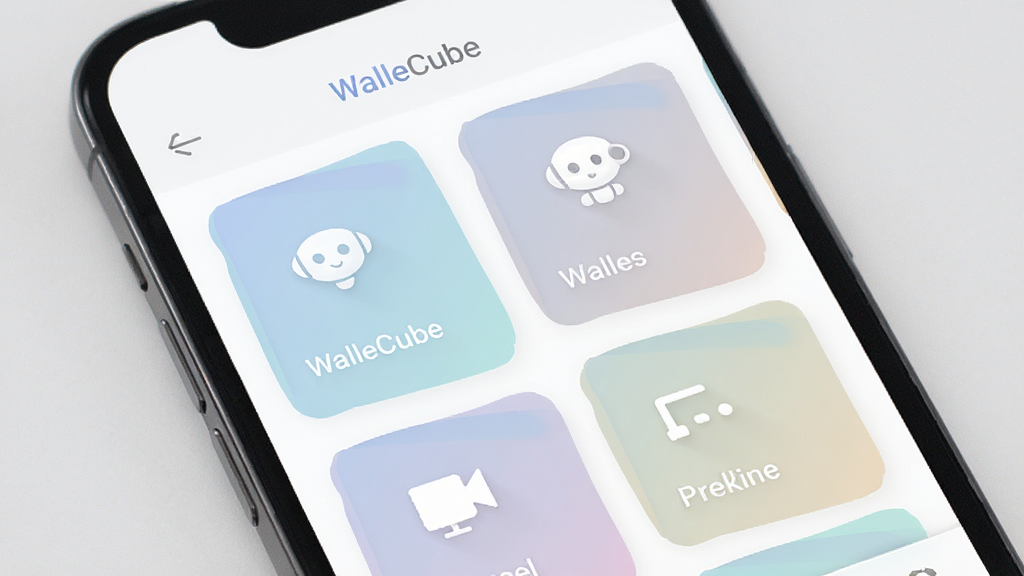 展示WalleCube应用内页布局的手机界面图,多个功能模块以卡片形式整齐排列,配色柔和,屏幕上可见“WalleCube”标识,整体排版清晰,干净无杂乱元素,高清画质