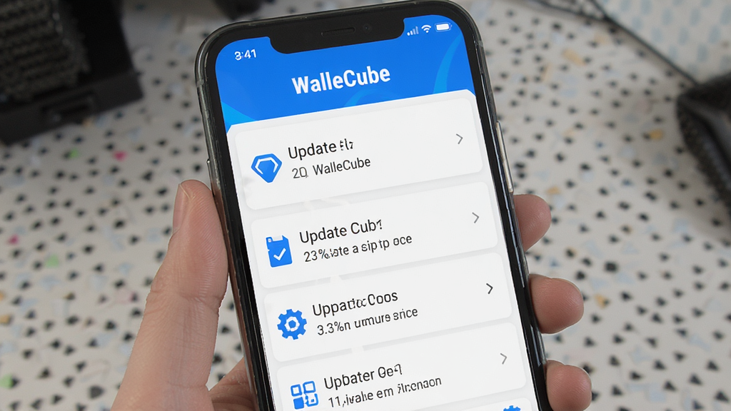 展示WalleCube版本更新界面的手机截图风格图,屏幕上列出更新日志条目,顶部有“WalleCube”标题,配色为蓝白搭配,排版规整,干净清晰,高清画质