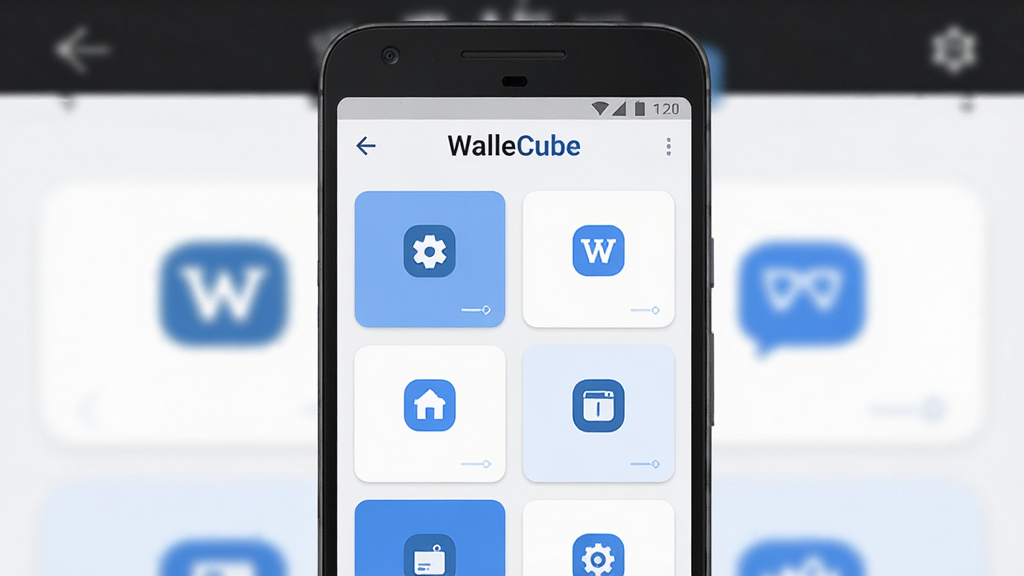 一张展示WalleCube应用主界面的手机预览图,画面中央是一部竖屏安卓手机,屏幕上显示简洁的工具面板,顶部有“WalleCube”字样,主体区域排列多个功能图标卡片,浅色背景搭配蓝色点缀,整体风格干净清爽,扁平化设计,高清画质,无多余元素