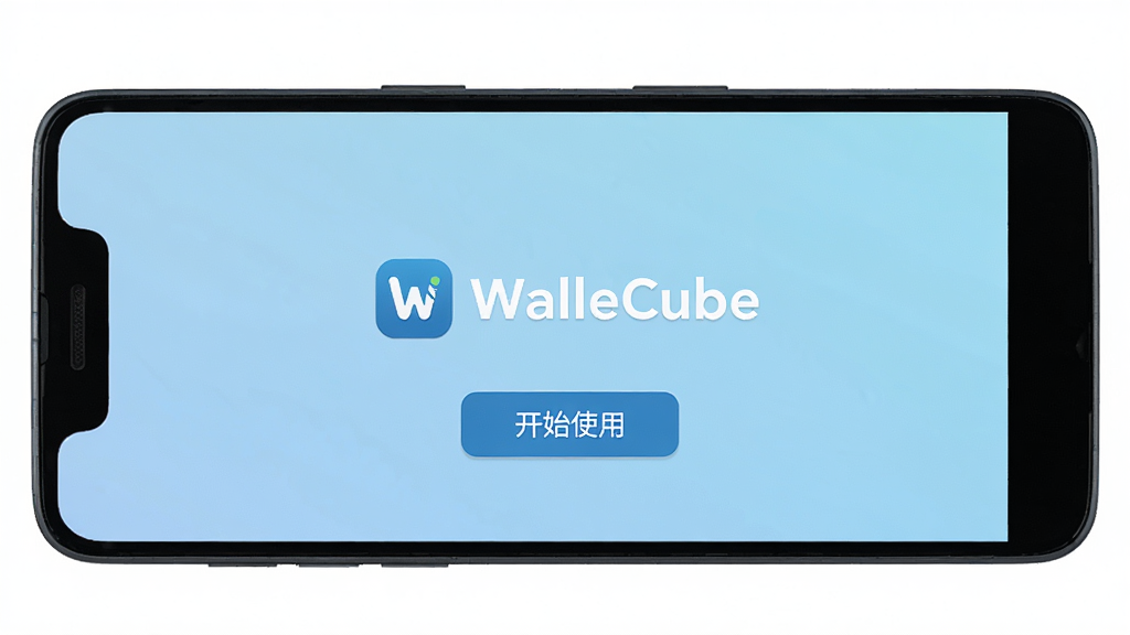 一部安卓手机显示WalleCube安装完成后的欢迎界面,屏幕中央有“WalleCube”标识和“开始使用”按钮,背景为淡蓝色渐变,画面简洁明快,高清画质,无多余装饰