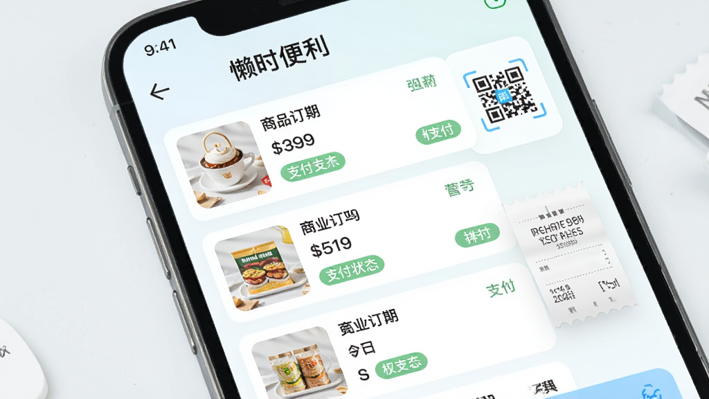 手机屏幕展示“懒时便利”订单管理页面,列表中陈列多条商品订单,包含商品小图、价格和支付状态标签,旁边有扫码支付图标和收银小票元素,整体采用清爽浅色风格,排版整齐,细节精致,画质高清,无多余装饰