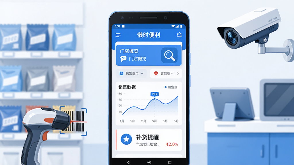 画面中央放置一部安卓手机,手机屏幕上显示“懒时便利”应用主界面,界面包含门店概览卡片、销售数据曲线和补货提醒图标,手机周围环绕便利店货架、扫码枪和监控摄像头等元素,采用扁平化科技风格,蓝白配色为主,布局简洁清晰,细节干净,画质高清,无多余元素
