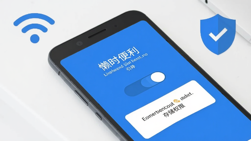 一部安卓手机放置在桌面上,屏幕显示“懒时便利”登录与权限设置引导页面,页面包含摄像头权限开关和存储权限提示,手机旁边有WiFi图标和盾牌安全图标,整体采用扁平化风格,蓝白配色,布局简洁,画质高清,干净无多余元素
