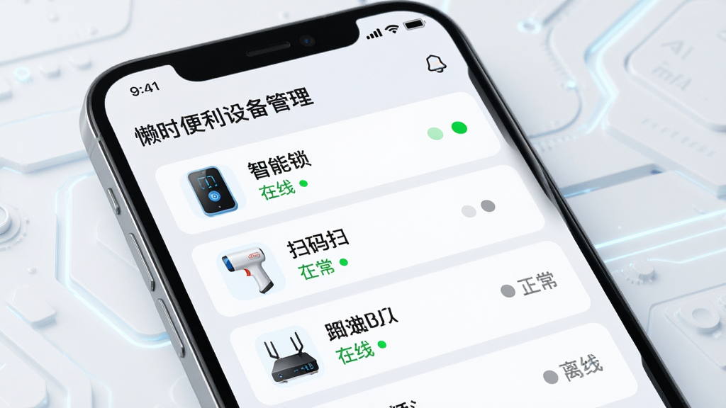 手机屏幕展示“懒时便利”设备管理页面,列表中显示智能门锁、扫码枪、路由器等设备图标及在线状态,绿色圆点表示正常,灰色表示离线,背景为浅色科技风格,布局整齐,细节清晰,画质干净,无多余元素