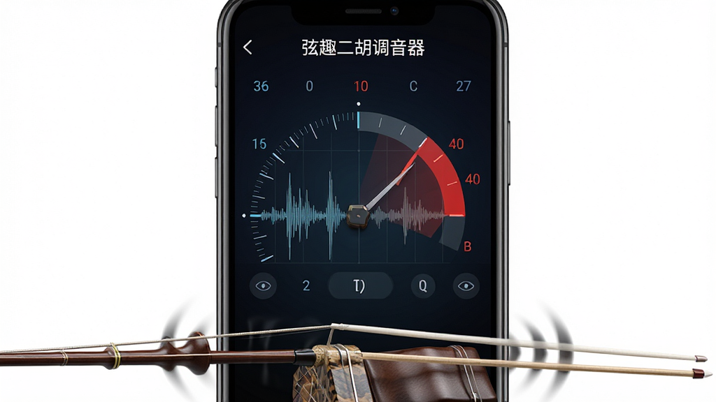 画面中心是一部手机特写,屏幕上显示弦趣二胡调音器的实时拾音界面,指针偏向右侧红色区域,屏幕上方有