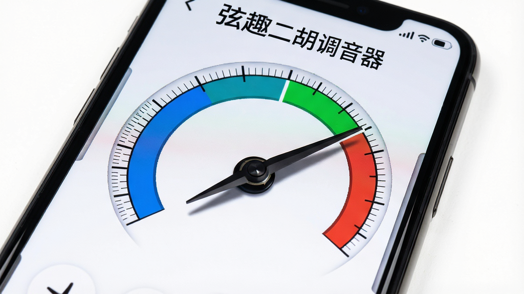 手机屏幕特写展示弦趣二胡调音器的指针表盘界面,表盘中央指针指向绿色区域,表盘周围有蓝色和红色的弧形色带,屏幕上方显示