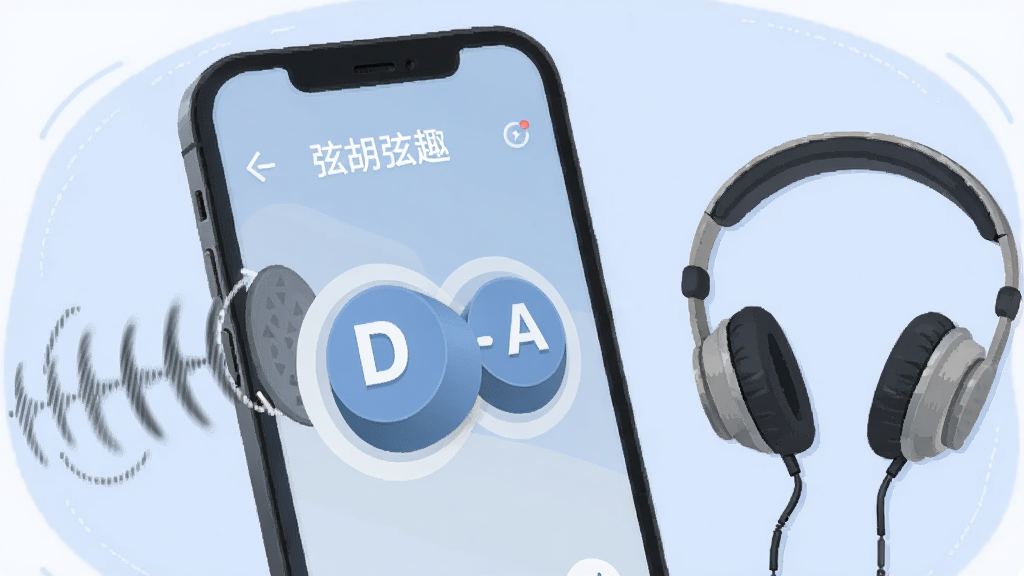 手机屏幕展示弦趣二胡调音器的参考音播放界面,屏幕上有两个大型音名按钮分别标注