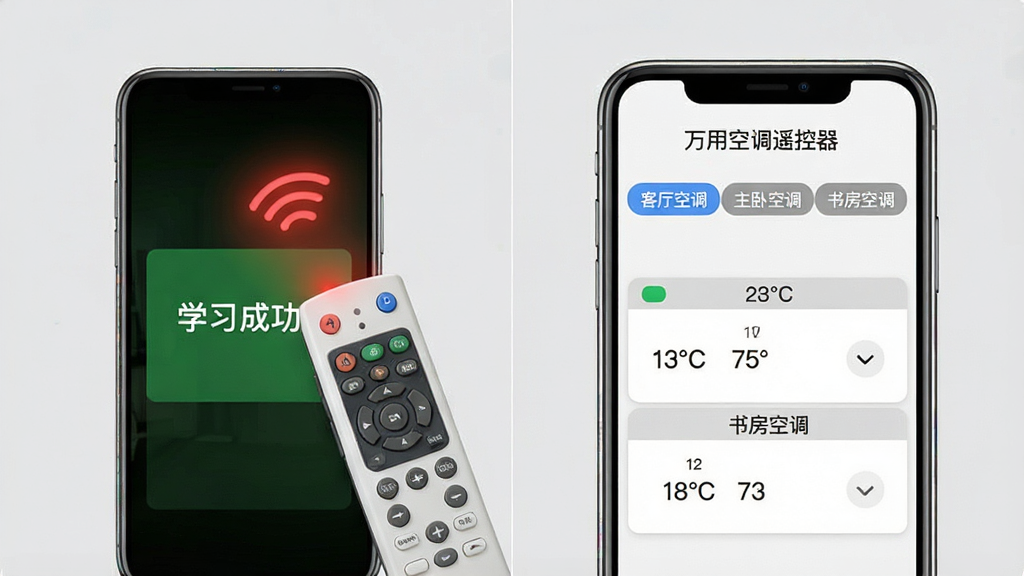 画面分为左右两部分,左侧是一部手机正在接收另一只传统空调遥控器发射的红外信号,手机屏幕上显示“学习成功”的提示;右侧是手机屏幕上排列着“客厅空调”“主卧空调”“书房空调”三个标签页,每个标签页下方有对应的温度设置。背景为浅灰色,布局对称清晰,风格为简约写实风,细节到位,画质干净,无多余元素,文字为“万用空调遥控器”。