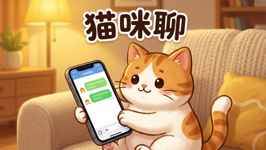 一只橘白相间的小猫坐在柔软的沙发上,前爪捧着一部智能手机,手机屏幕上显示着聊天对话框界面,背景是温馨的客厅环境,暖黄色灯光,画面中央上方用圆润可爱的字体写着“猫咪聊”,主体突出,布局居中,风格为治愈系卡通插画,细节包括猫咪表情友好、手机界面清晰、沙发纹理柔和,画质高清,干净整洁,无多余元素