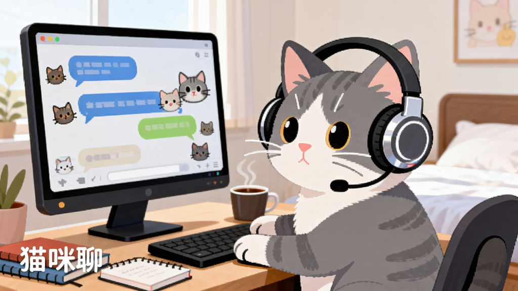 一只灰白相间的猫咪戴着耳机坐在电脑桌前,屏幕上显示着多个聊天气泡和猫咪表情包,桌面上散落着几本笔记本和一杯热咖啡,背景是明亮的卧室,画面左下角用白色字体写着“猫咪聊”,主体为猫咪和聊天界面,布局左右分布,风格为现代扁平插画,细节包括耳机光泽、气泡圆润、咖啡热气,画质高清,干净整洁,无多余元素