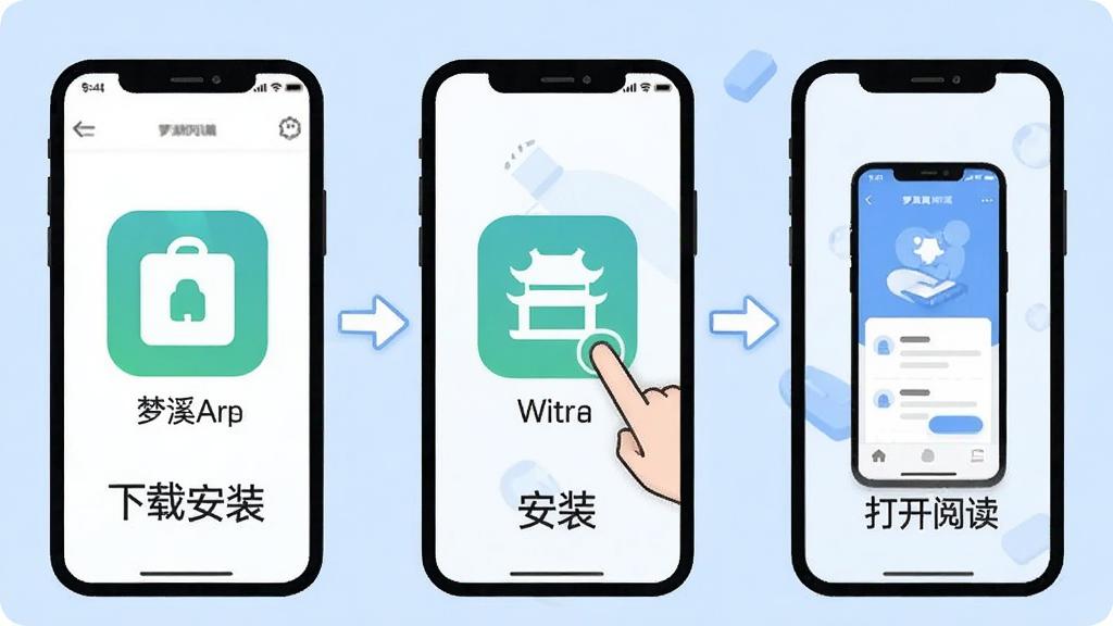 一张信息图风格的插画,展示梦溪阁App在手机上的安装流程,画面分为三个步骤,分别是下载安装包、点击安装、打开阅读,背景为浅蓝色,图标简洁,文字标注清晰,画质干净,无多余装饰。