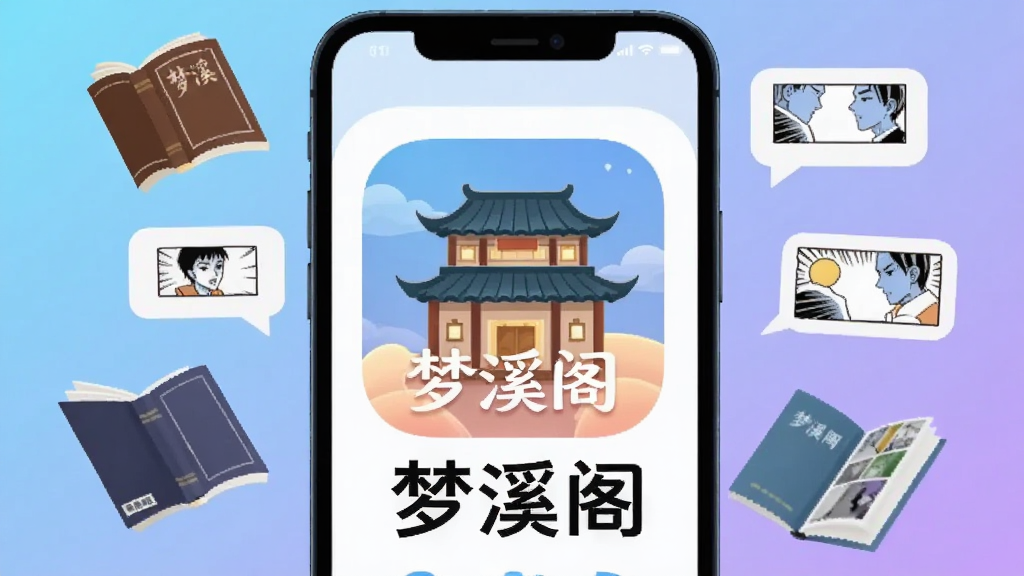 一幅插画,画面中央是梦溪阁App的图标与手机界面,周围环绕着漂浮的小说书本和漫画对话框,背景用柔和的渐变蓝紫色调,风格扁平化,细节清晰,画质干净,主体突出“梦溪阁”文字标识。