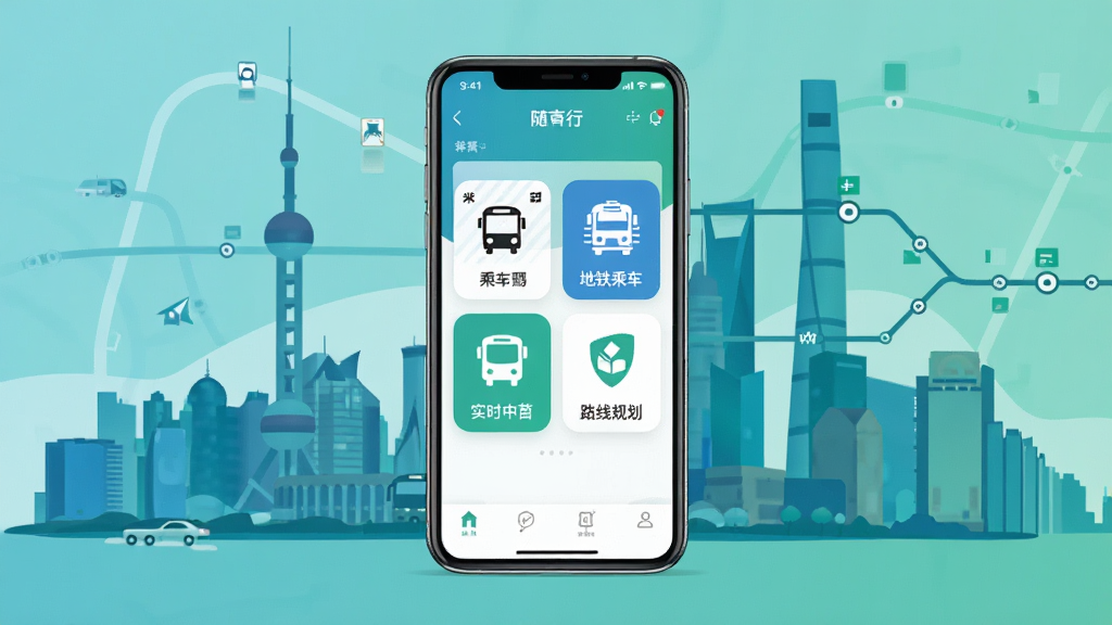 随申行App主界面展示图,画面中央是一部智能手机,屏幕上显示随申行应用首页,包含公交乘车码、地铁乘车码、实时公交和路线规划四个功能图标,背景是上海城市天际线与地铁线路图交织的简约插画风格,蓝绿色调,布局整洁,排版清晰,画质高清干净,无多余元素