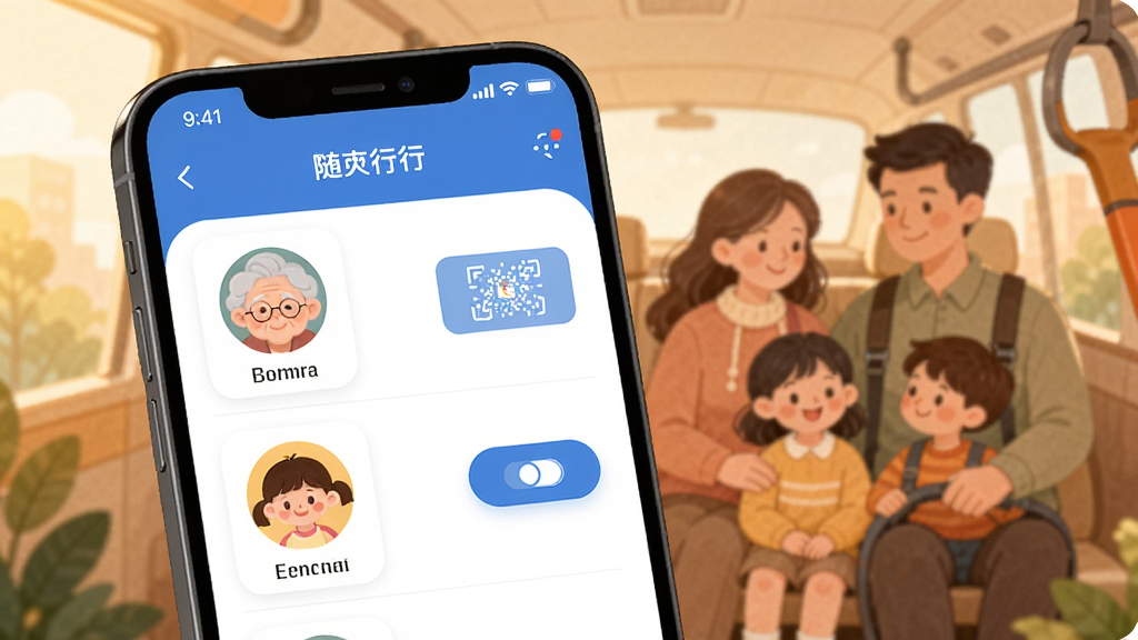 随申行同行人管理功能示意图,手机屏幕显示同行人列表界面,包含老人和儿童的头像图标,旁边有乘车码切换按钮,背景为暖色调家庭出行场景插画,风格温馨柔和,布局清晰,画质高清干净,无多余元素