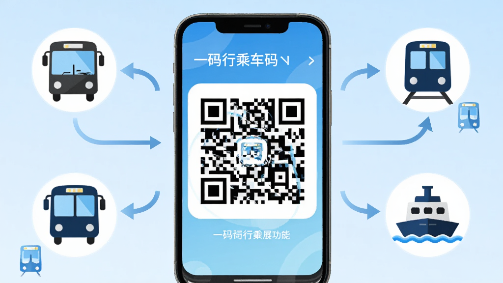 随申行乘车码功能展示图,画面中心是一个放大的二维码乘车码界面,周围环绕着公交车、地铁列车和轮渡的简化图标,用箭头连接表示一码通用,背景为浅蓝色渐变,风格清新简洁,排版居中,画质高清干净,无多余元素