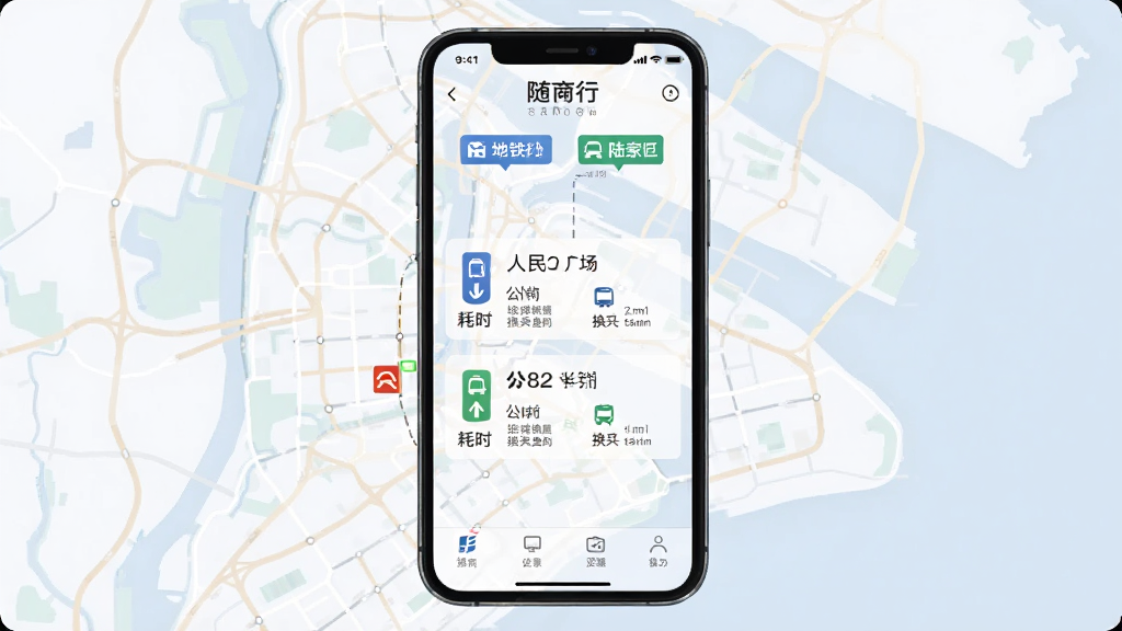 随申行路线规划功能界面图,手机屏幕上展示从人民广场到陆家嘴的路线规划结果,包含地铁2号线和公交82路两种方案对比,标注耗时和换乘信息,背景为上海地图简化线条,风格现代商务,排版整齐,画质高清干净,无多余元素